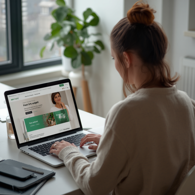 A young adult planning a first budget on a laptop with the Moniply blog open