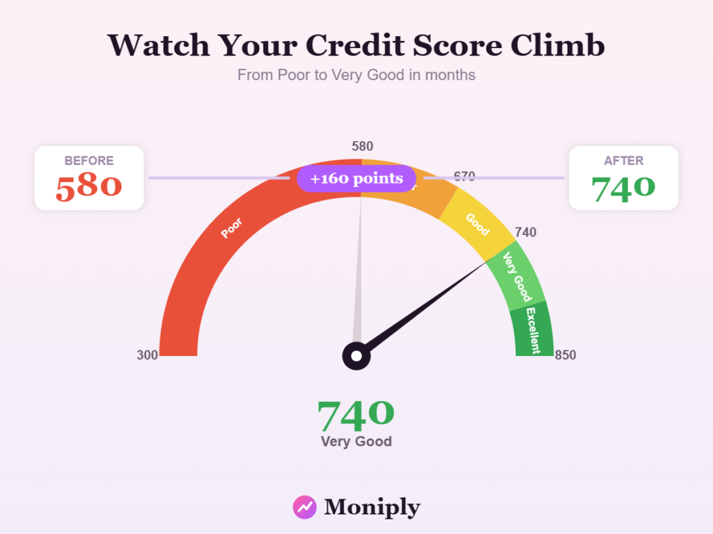 A credit score meter moving from 580 to 740 