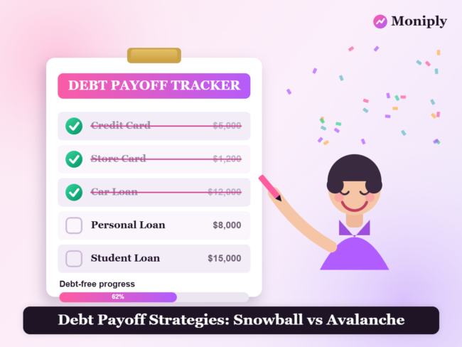 debt-payoff-featured Person crossing off debts on a Moniply debt payoff tracker with a relieved smile