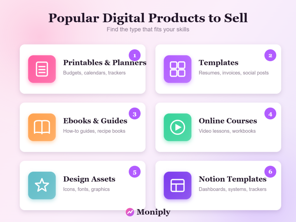 A grid of digital product ideas like templates and printables