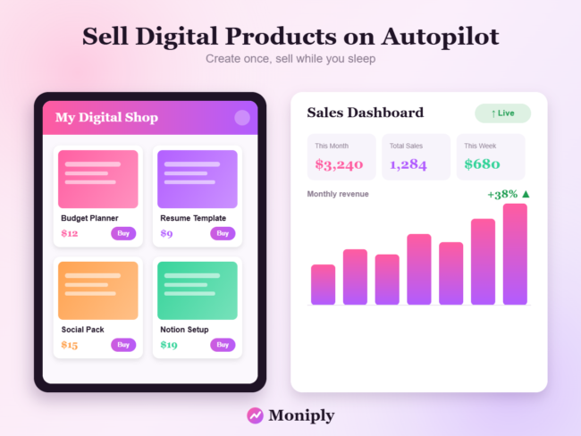digital-products-dashboard A tablet displaying digital products for sale beside a Moniply sales dashboard