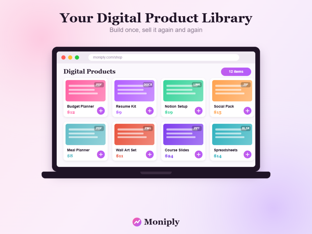 A screen showing digital products listed in an online shop