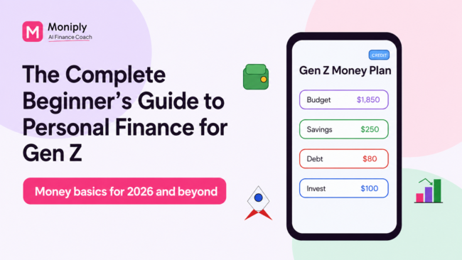Gen Z personal finance guide with budget app, savings, credit card, chart, and money roadmap icons.