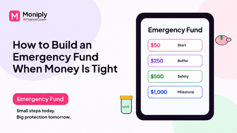Emergency fund jar with coins, calendar, calculator, bills, and savings plan for a tight budget.