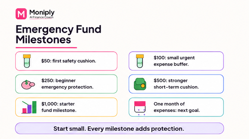 Emergency fund milestones from 50 dollars to 1000 dollars and one month of expenses.