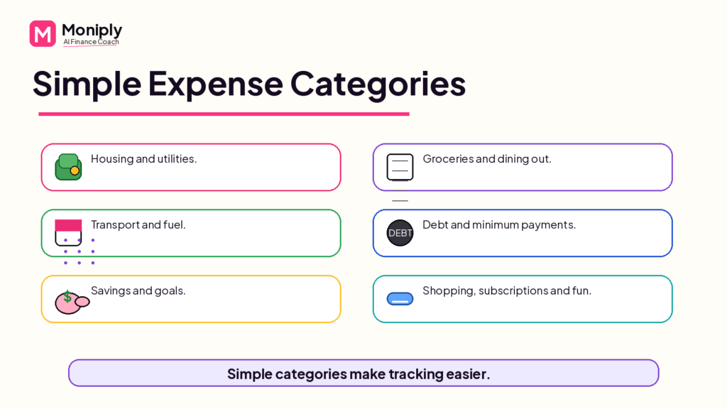 Simple expense categories for housing, food, transport, debt, savings, and lifestyle spending.
