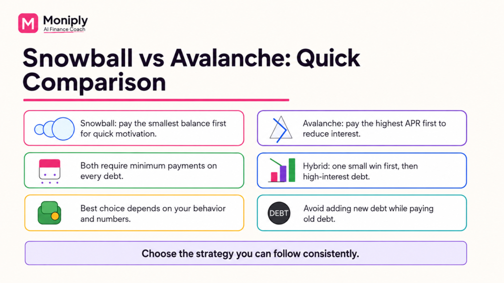 Comparison of debt snowball and debt avalanche methods with pros and best use cases.
