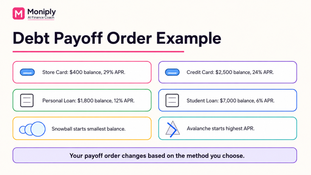 Debt payoff order example showing balances, APRs, minimum payments, and extra payment strategy.