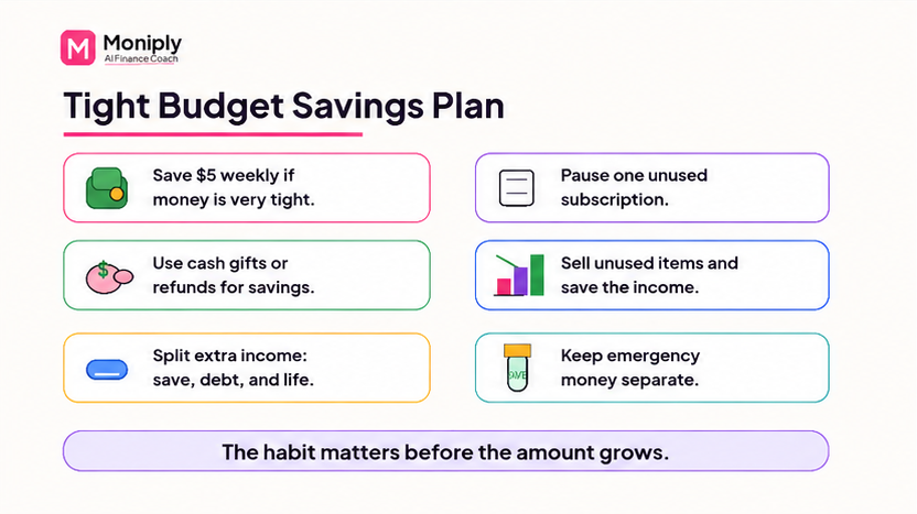 Tight budget savings plan showing small weekly amounts and monthly savings progress.