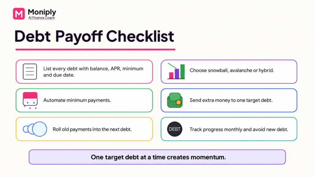 Debt payoff checklist with steps to organize debts, choose strategy, pay extra, and avoid new debt.