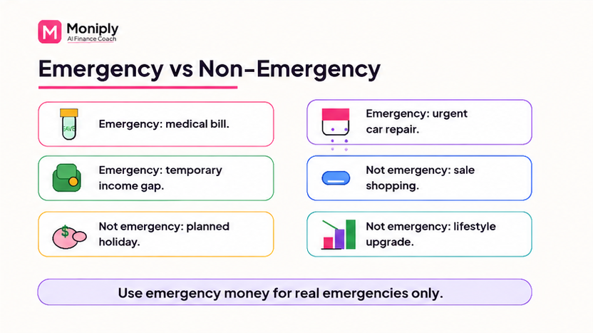 Emergency versus non-emergency examples for using an emergency fund correctly.