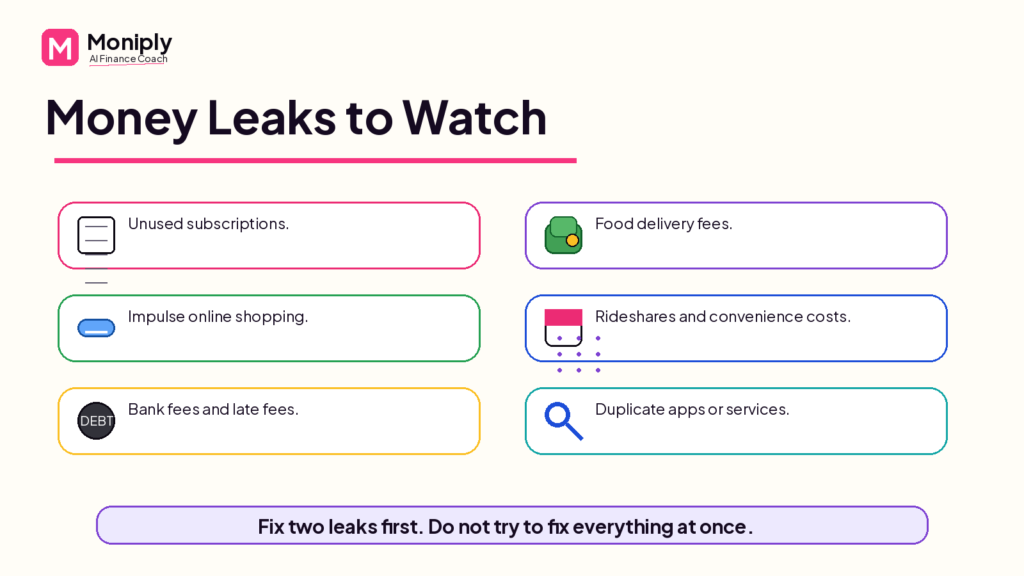 Common money leaks including subscriptions, food delivery, impulse shopping, fees, and unused services.