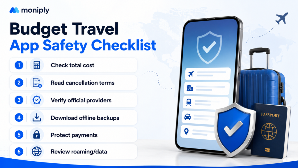Budget travel app safety checklist showing cost checks, provider verification, offline downloads, payment protection, data usage and backup plans.