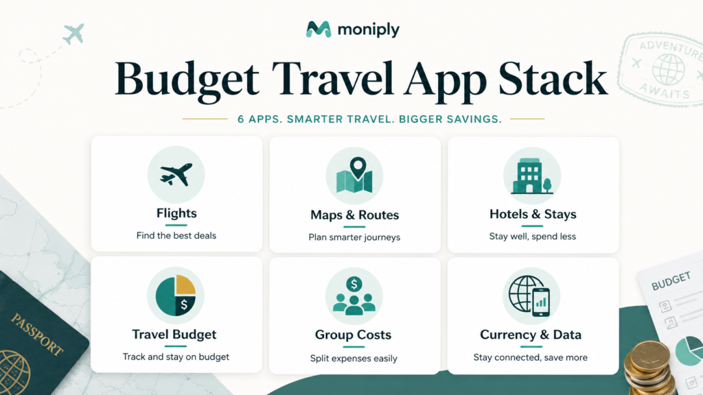 Budget travel app stack infographic showing flight, route, accommodation, money tracking, currency and connectivity app categories.