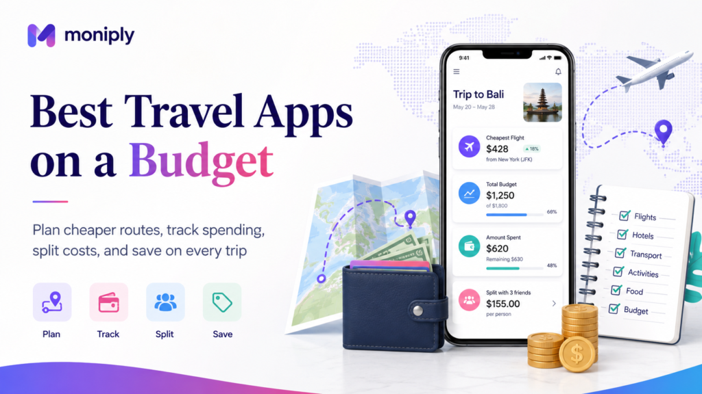 Best travel apps on a budget guide showing app categories for planning routes, booking stays, tracking expenses, saving money and comparing currency.
