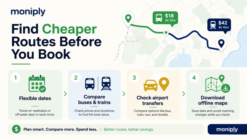 Cheaper travel route planning infographic showing flexible dates, broad destination search, route comparison and offline map backup.