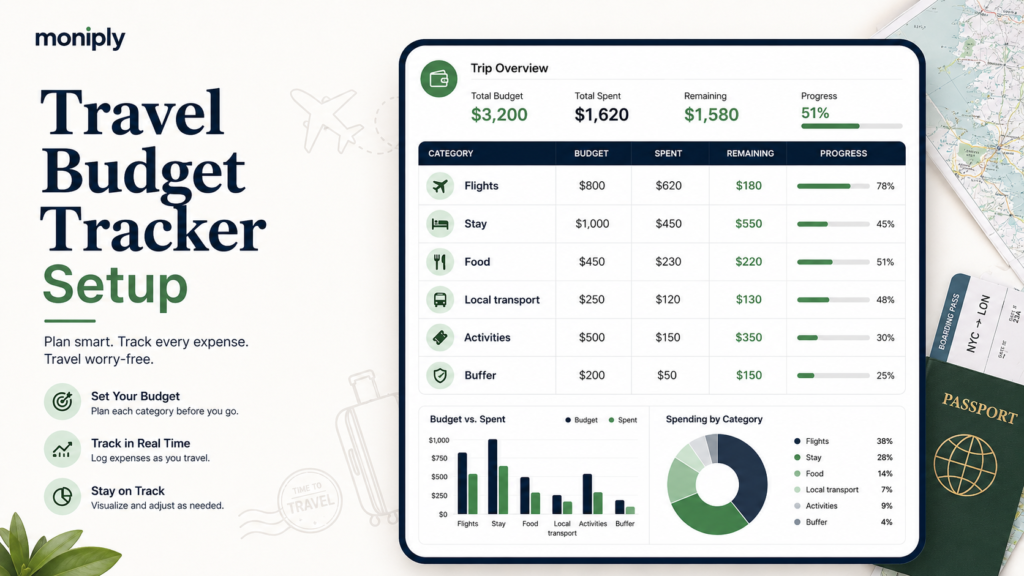 Travel budget tracker setup showing trip categories for flights, stay, food, transport, activities and emergency buffer with daily spending progress.