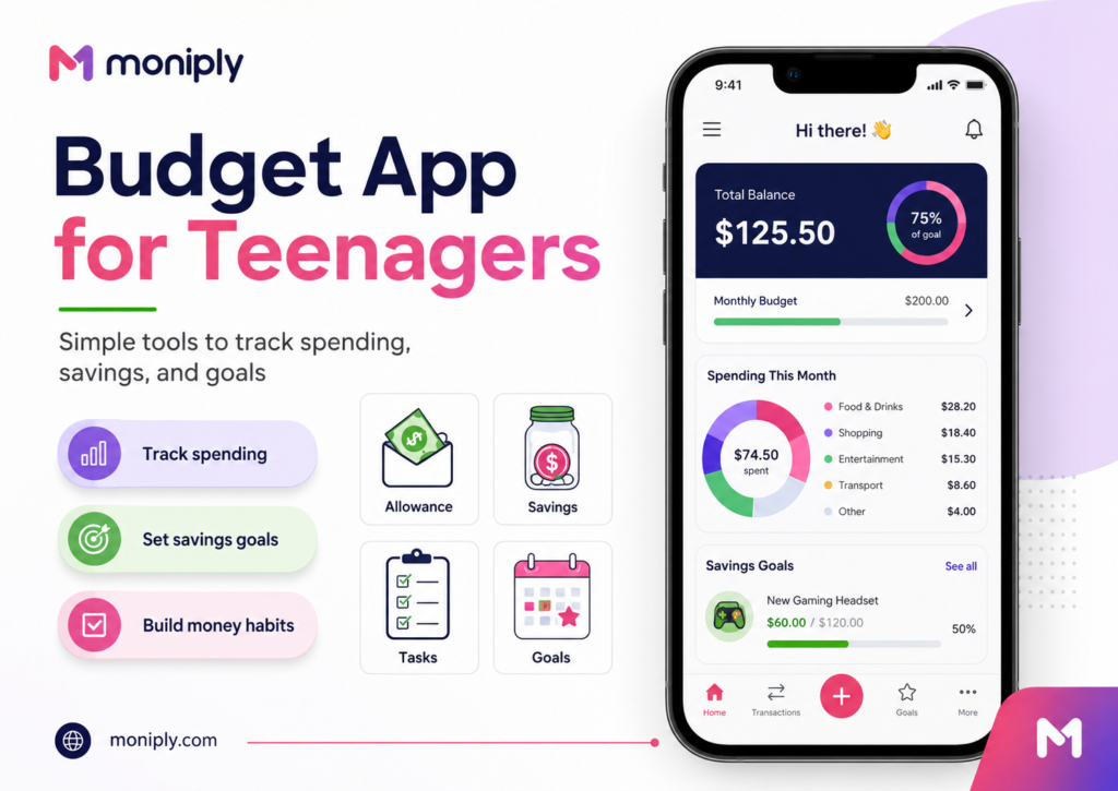 Budget app for teenager guide showing a phone budget tracker, teen budget worksheet, savings piggy bank and simple steps to track income, plan spending and save first.