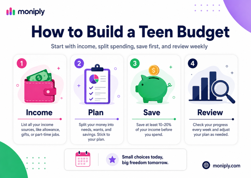 Teen savings goals tracker showing progress bars for headphones, school trip, emergency cash and laptop savings goals.