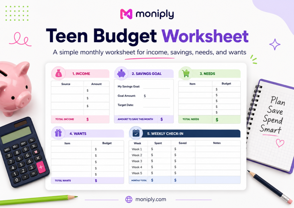 Teenage budget app features checklist covering manual tracking, simple categories, privacy controls, parent review and exportable worksheets.