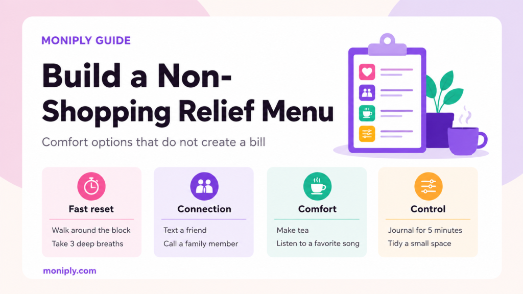 Impulse shopping protection guide showing four barriers: delete shopping apps, remove saved cards, mute sale alerts and use a wish list.
