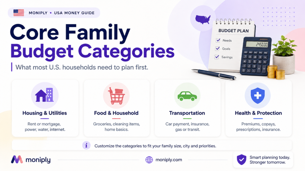 Core family budget categories infographic for U.S. households showing housing and utilities, food and household, transportation, and health and protection expense groups.