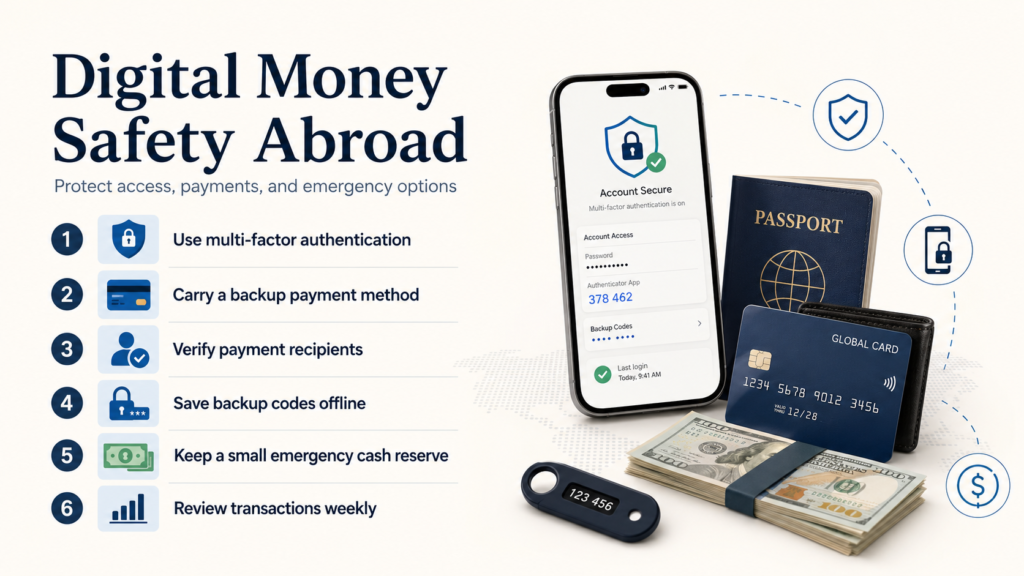 Digital money safety guide for students abroad showing multi-factor authentication, secure payment checks, spending alerts, backup cards, emergency cash and protection against risky public Wi-Fi.