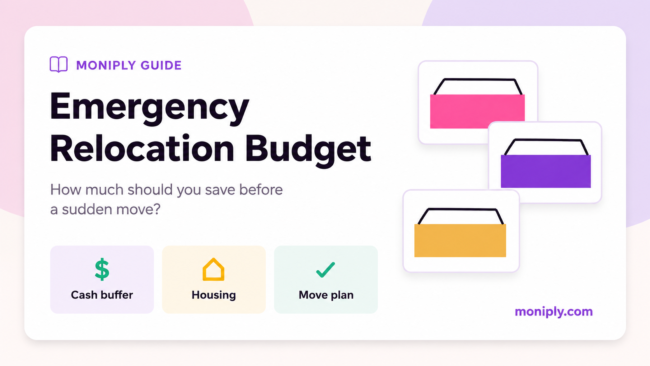 emergency-relocation-budget-how-much-save-before-moving-suddenly-featured-image Emergency relocation budget guide showing moving boxes, housing costs, cash buffer and sudden-move planning