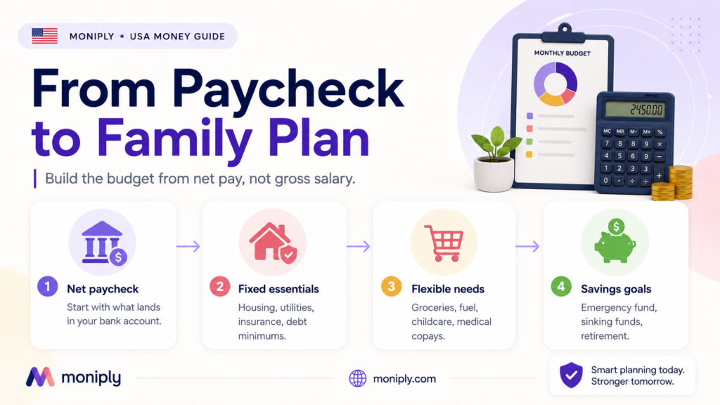 From paycheck to family plan infographic showing a step-by-step budgeting flow from net paycheck to fixed essentials, flexible needs, and savings goals.