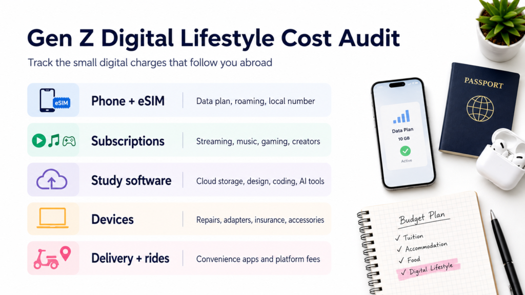 Gen Z digital lifestyle cost audit for international students covering eSIM and phone plans, streaming subscriptions, cloud storage, study software, device repairs, payment apps and foreign exchange fees.
