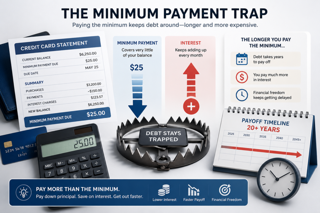 Infographic showing why minimum credit card payments keep debt around longer and cost more in interest.