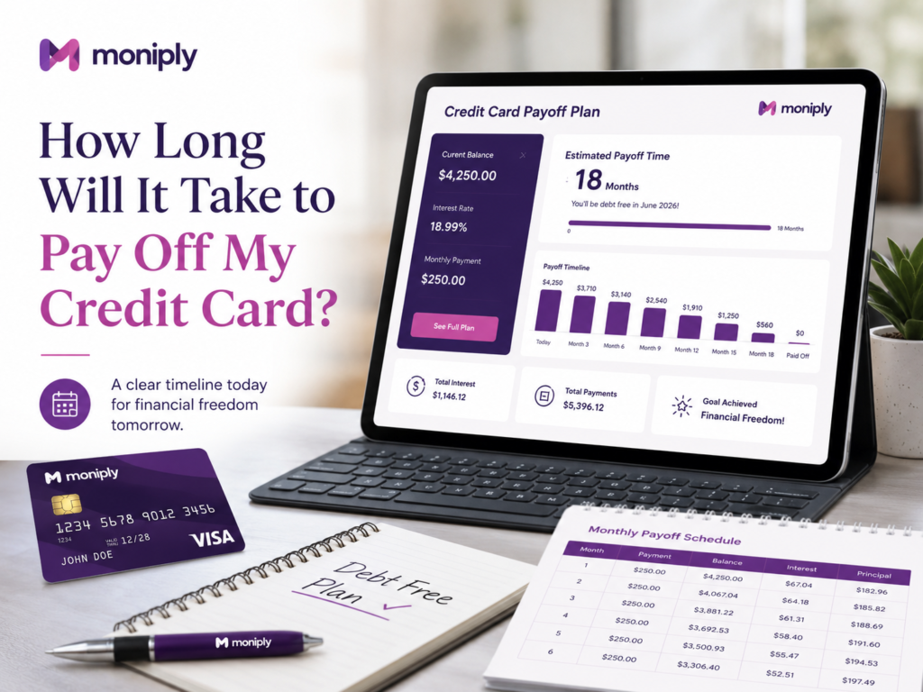 Person reviewing a credit card payoff timeline on a laptop with notes, calculator, and budget planner on desk.