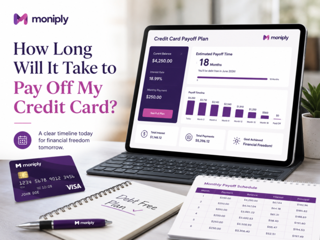 how-long-will-it-take-to-pay-off-my-credit-card-article-image-03 Person reviewing a credit card payoff timeline on a laptop with notes, calculator, and budget planner on desk.