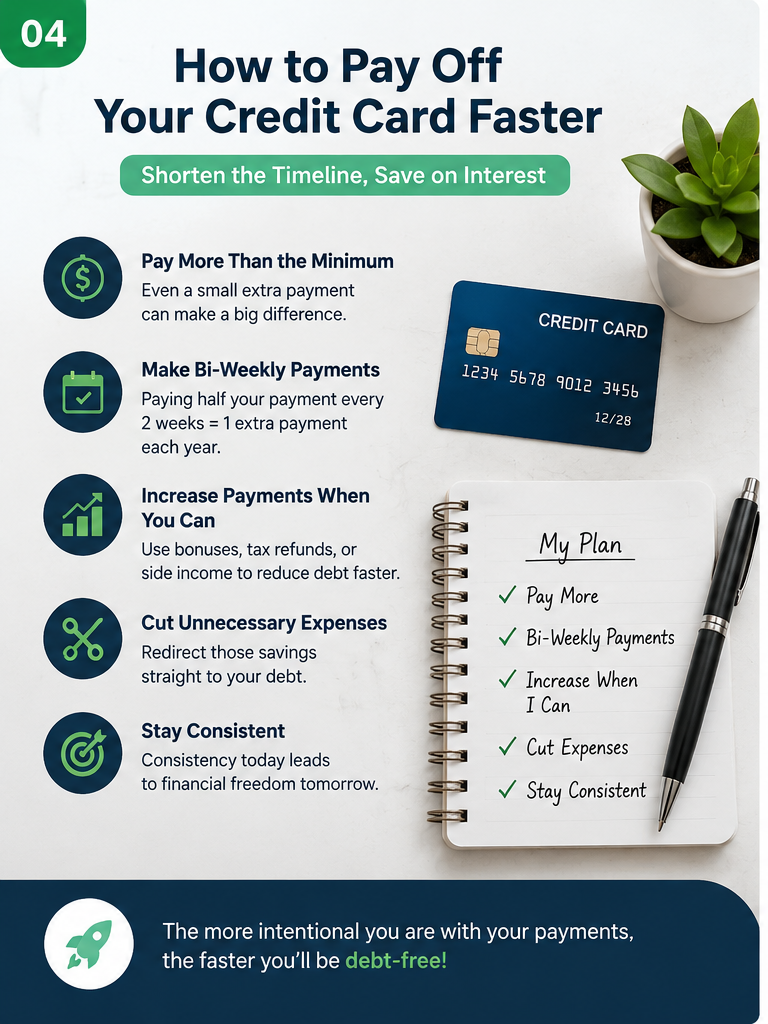 Checklist graphic showing practical ways to pay off credit card debt faster, including extra payments, no new charges, and budget cuts.