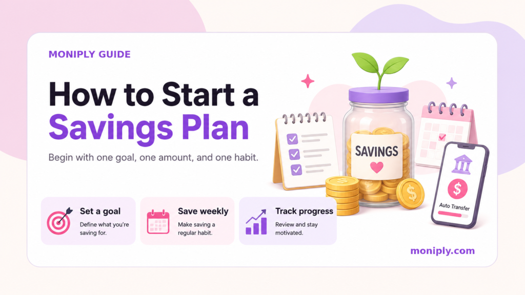 How to start a savings plan guide showing a savings jar, goal setting, automatic deposits and progress tracking.
