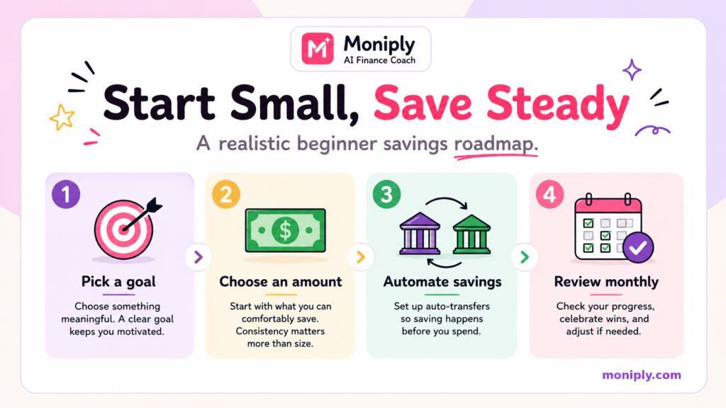 Seven-step savings plan infographic covering goal setting, starter contributions, account selection, automation, expense reduction, tracking and gradual increases.