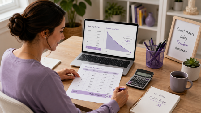 how-to-use-a-credit-card-payoff-calculator-to-become-debt-free-faster-article-image-01 Person reviewing a credit card payoff calculator on a laptop with a printed payment plan, calculator, notebook, and goal note for becoming debt-free faster.