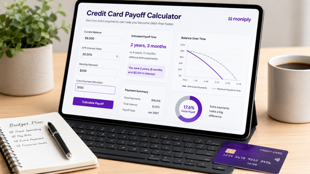 Tablet screen showing a Moniply credit card payoff calculator with balance, APR, monthly payment, extra payment, payoff date, and interest savings.