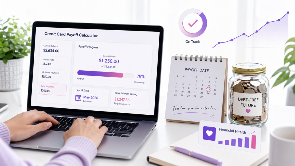Credit card payoff progress dashboard with extra payment field, payoff date calendar, debt-free savings jar, and financial health chart.