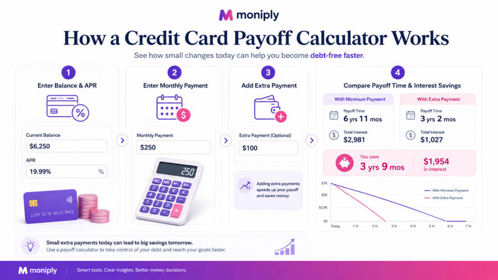 Infographic explaining how a credit card payoff calculator works by entering balance, APR, monthly payment, extra payment, and comparing interest savings.