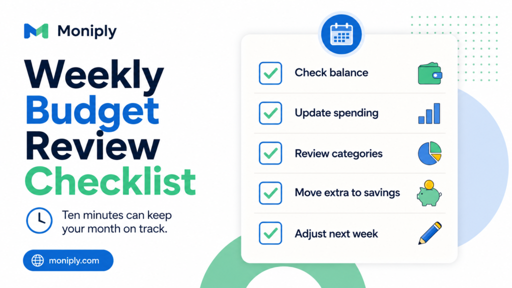 Teen monthly budget checklist with income, savings, needs, wants, goals and weekly review