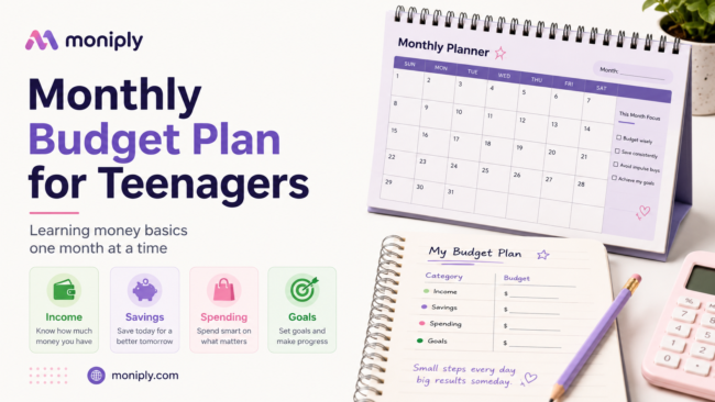 monthly-budget-plan-for-teenagers-learning-money-basics-featured-image Teen monthly budget plan with income, savings, spending and goals categories