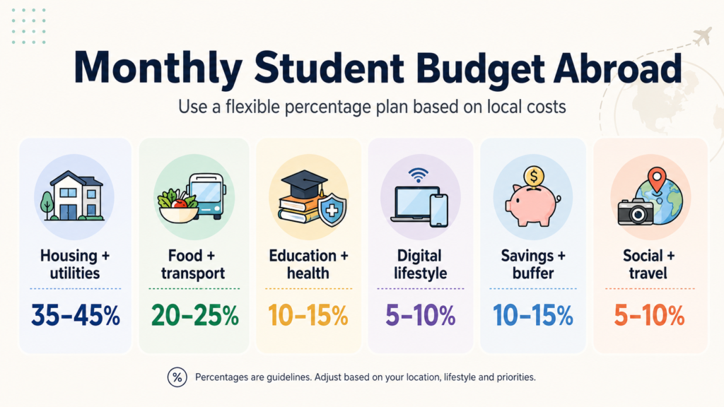 Monthly student budget abroad infographic showing suggested spending categories for housing, food, transportation, education, healthcare, digital lifestyle costs, savings and social activities.
