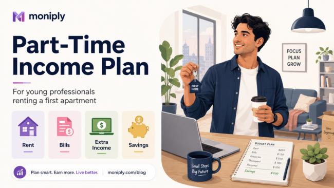 simple-part-time-income-plan-first-apartment Young professional holding first-apartment keys beside a laptop, budget notebook, rent, bills, extra income and savings icons