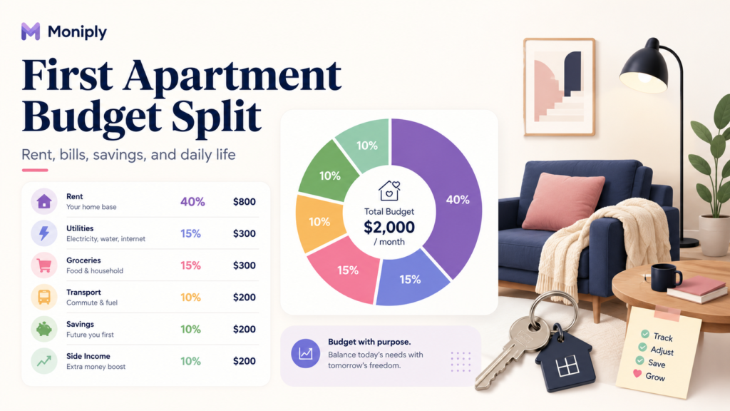 First apartment budget breakdown showing rent, utilities, groceries, transportation, savings and side income around a monthly budget chart