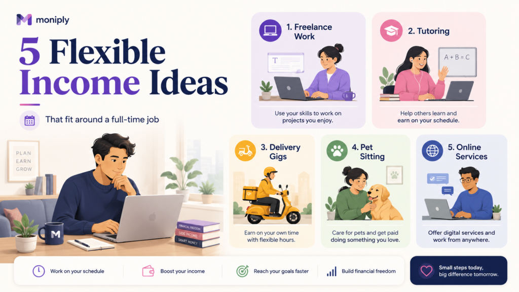 Five flexible income ideas for young professionals including freelance work, tutoring, delivery gigs, pet sitting and online services
