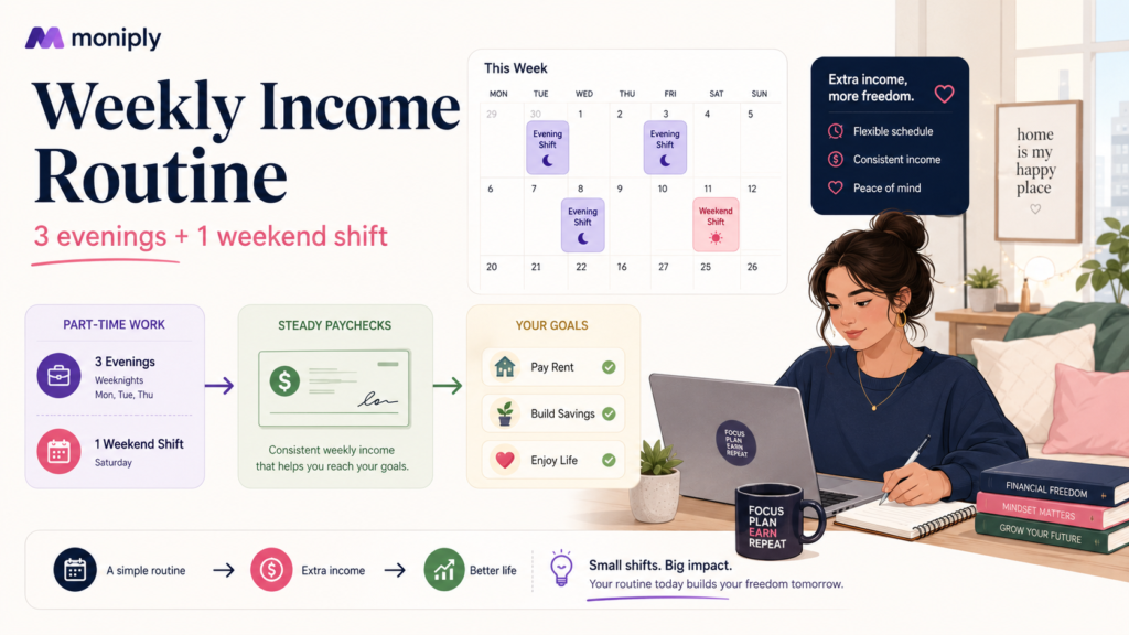 Weekly income routine with three evening work sessions, one weekend shift, steady paychecks and goals for rent and savings