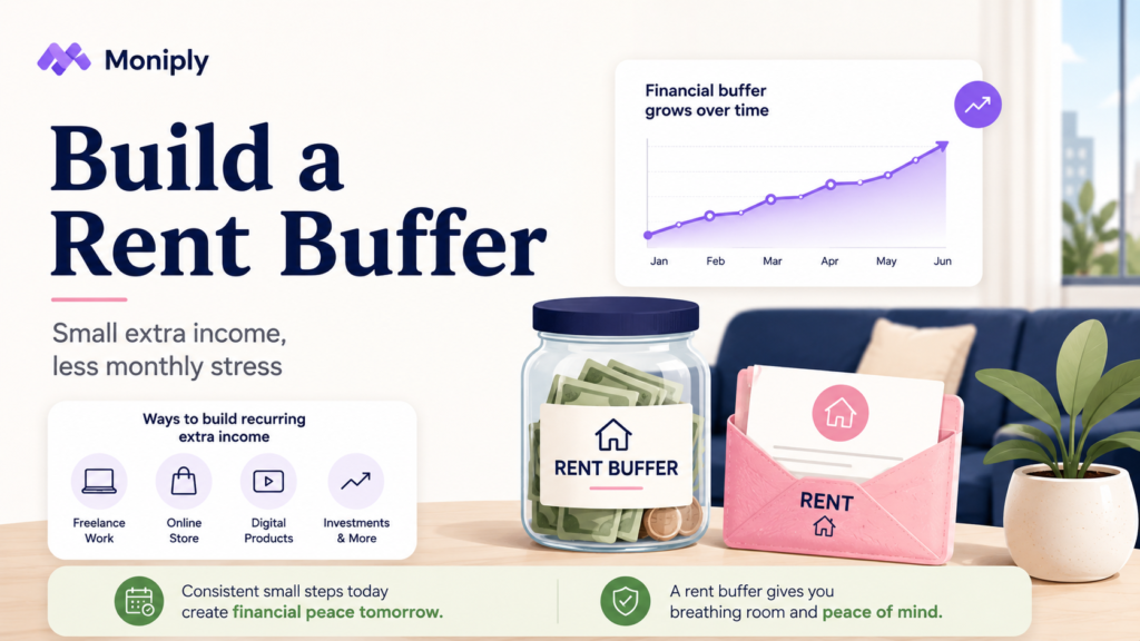 Rent buffer savings jar, rent envelope and growth chart showing how recurring extra income can reduce monthly housing stress
