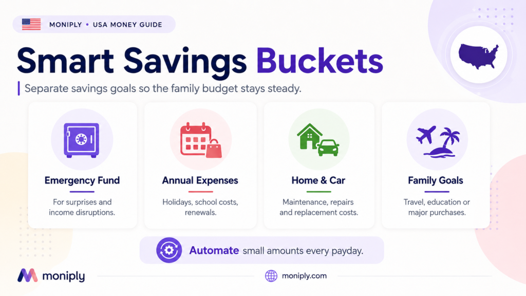Smart savings buckets infographic showing four family savings categories: emergency fund, annual expenses, home and car, and family goals.