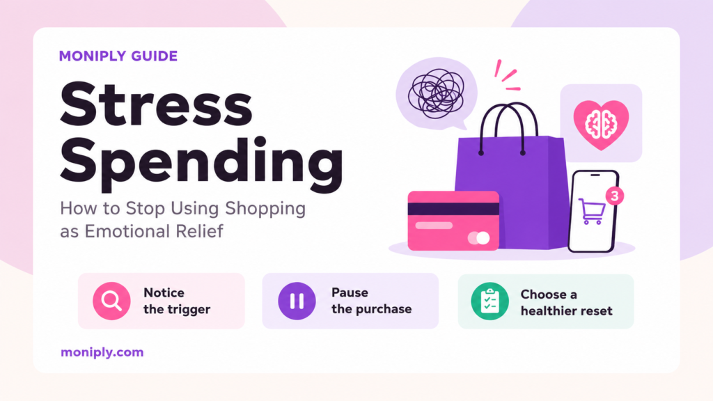 Stress spending guide showing a shopping bag, credit card, phone cart and three steps to notice the emotional trigger, pause the purchase and choose a healthier reset.